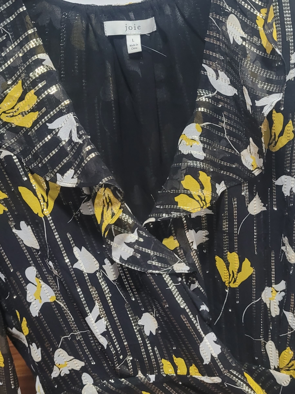 Joie Black Floral Metallic-Striped Wrap Blouse